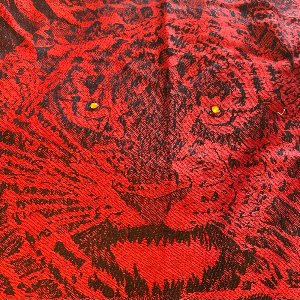 Pashmina Scarf Tiger Print Red and Black, Yellow Rhinestone Eyes